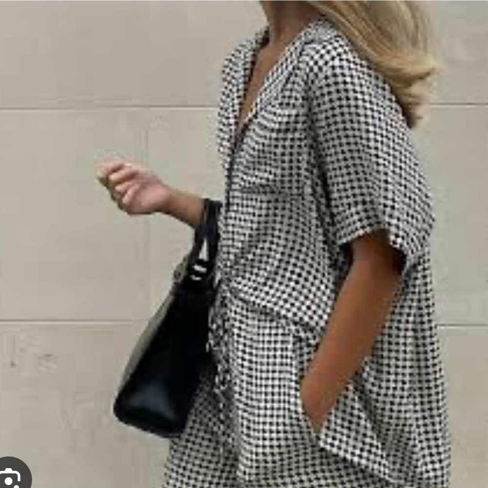 DISSH Gaia Houndstooth black white shirt sleeve oversized blouse top, size US 4